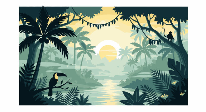 A serene tropical jungle scene at sunrise, featuring a river, lush foliage, palm trees, a toucan, and a monkey
