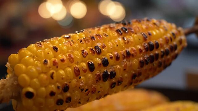 Delicious close-up of grilled corn on the cob with seasoning, featuring appetizing charred kernels and warm bokeh background