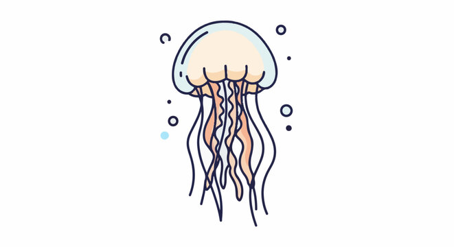 A simple, line-drawn jellyfish with soft colors and a few floating bubbles around it