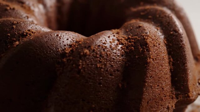 Extreme close-up of rich chocolate bundt cake texture dusted with cocoa powder, showing moist surface and fluted details, a classic gourmet dessert.