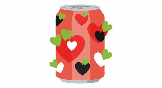 A red soda can is decorated with various colored heart shapes in a random pattern