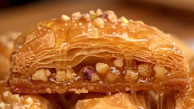 Extreme close-up of baklava with pouring honey and crushed nuts. Traditional layered pastry dessert soaked in golden sweet syrup, showing rich texture and glistening detail.