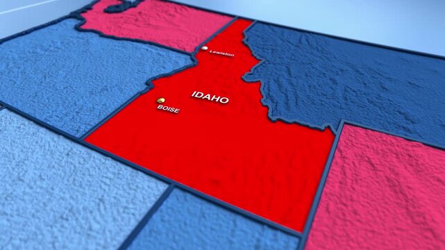 Looped 3D election map animation of the United States zooming into Idaho state, featuring red, blue, purple and green political outcome variations.