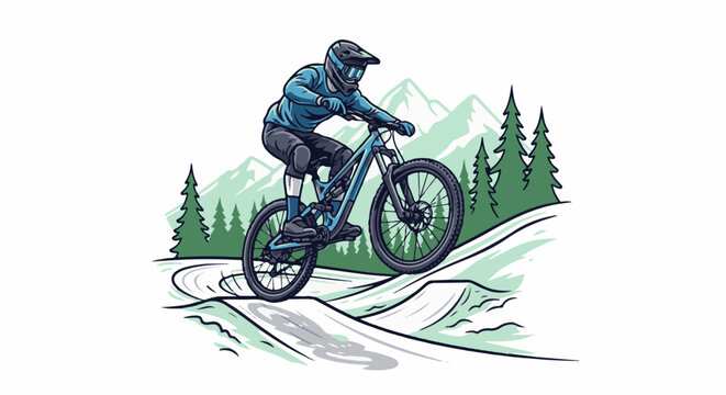 A person in full gear rides a downhill mountain bike on a winding trail with trees and mountains