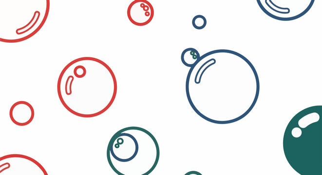 A playful arrangement of colorful, outlined spheres on a stark white background, creating a sense of lightness and buoyancy