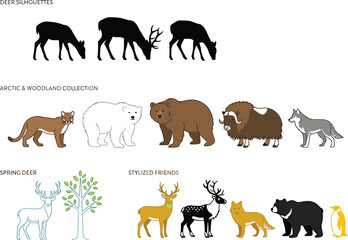 Stylized animal illustration collection featuring deer silhouettes, arctic and woodland creatures, and colorful spring wildlife for nature and design projects © MdSazzad