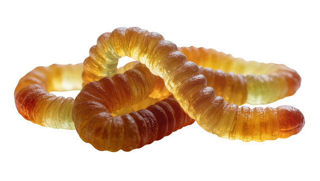 Translucent gummy worms coiled in orange and yellow hues