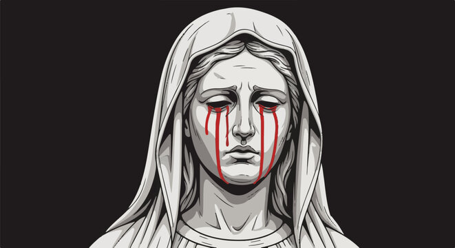 A monochrome statue of a weeping figure with blood dripping from its eyes