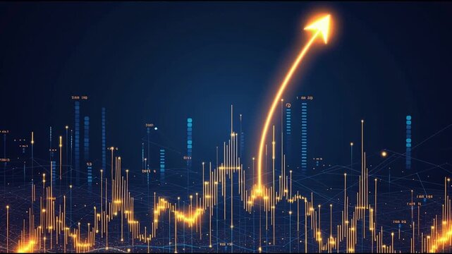 finance Abstract black background uptrend arrow with candlesticks and bar chart show innovation of economy business statistics with Earth network with glowing nodes and triangle polygon linesIt
