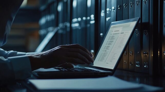 Document Management System (DMS) being set up by IT consultant working on laptop computer in office. Software for archiving, searching, and managing corporate files