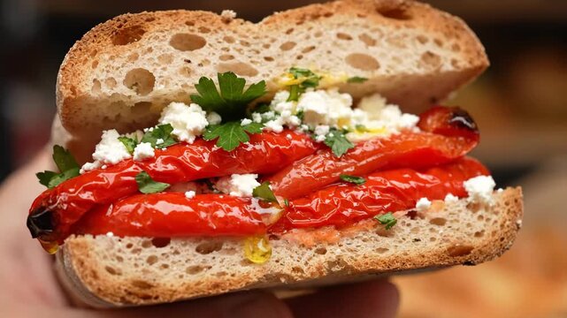 Gourmet sandwich with roasted red peppers, feta cheese, and parsley on toasted rustic bread held in hand