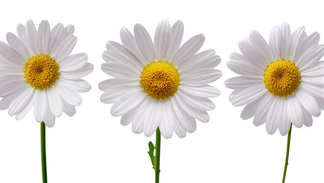 Three white daisies with yellow centers and green stems