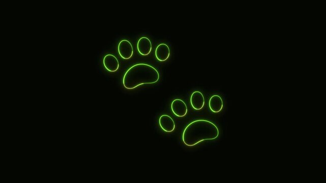 Paw Prints Icon Neon Seamless Loop 4K Black Background Animated Promotional Typography for Video Editing