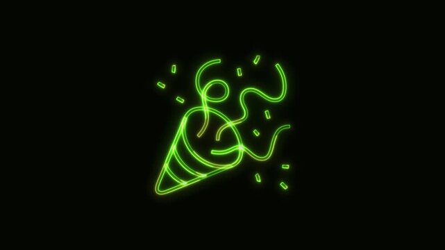Party Popper Icon Neon Seamless Loop 4K Black Background Animated Promotional Typography for Video Editing