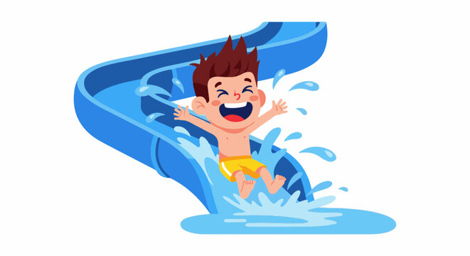 A joyful child with arms wide, slides down a blue water chute with splashing effects