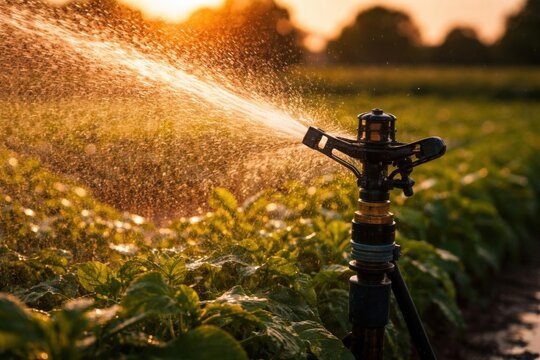 Sistema de riego por aspersi&oacute;n rociando agua sobre los cultivos al atardecer