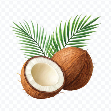 whole and slice coconut with green leaves isolated on white background