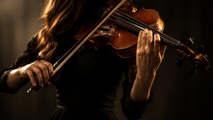Fototapeta premium Warm cinematic close up of violinist playing classical violin with golden stage lighting and elegant orchestral performance atmosphere