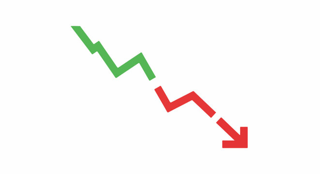 A green zig-zagging line turns red and points downward, indicating a sharp decline