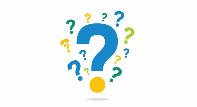 A large blue question mark with smaller colorful question marks surrounding it