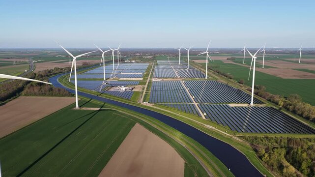 Hybrid renewable energy park with solar panels and wind turbines