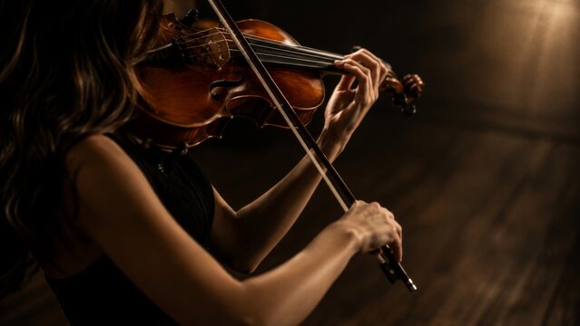 Elegant violin performance with cinematic golden lighting, detailed wooden violin textures and emotional classical music concert atmosphere