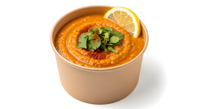 Savory Red Lentil Soup with Fresh Cilantro and Lemon in Paper Cup