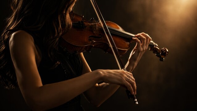 Cinematic close up of violinist performing emotional classical music with warm golden lighting and elegant orchestral concert ambiance