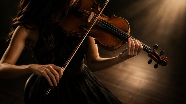 Detailed close up of violin strings and musician hands performing classical symphony with warm cinematic lighting and elegant musical atmosphere