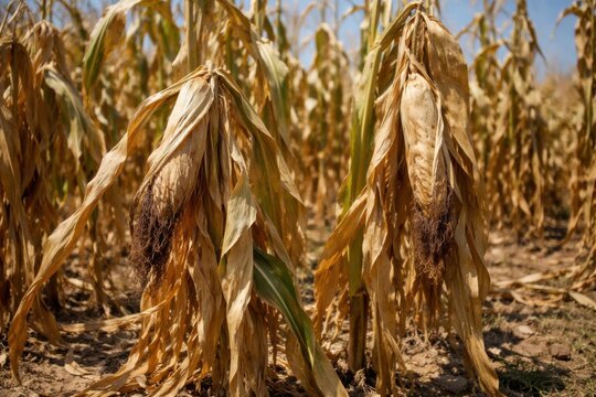 Plantas de ma&iacute;z marchitas que sufren estr&eacute;s por calor durante la sequ&iacute;a del verano