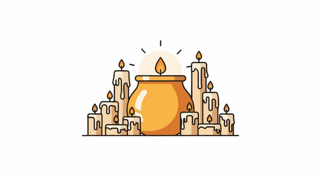 A large orange cauldron sits center, surrounded by a ring of melting, lit candles