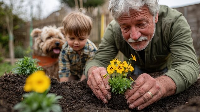 Elderly man with white hair kneels beside young boy in green jacket, planting yellow flowers. Black and white dog with tan markings watches. Residential garden, blurred houses, bare trees, overcast li