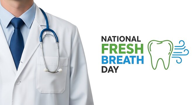 Doctor with stethoscope and national fresh breath day text isolated on white background