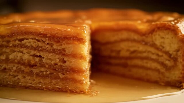 Close-up macro shot of a rich, layered dessert cake soaked in sweet caramel sauce or sticky honey glaze, highlighting the texture and layers of the golden sponge.