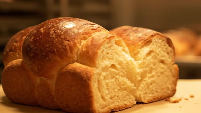 Closeup of a freshly baked golden artisan brioche or challah bread loaf, featuring a beautiful braided texture and glossy crust, displayed in a warm bakery setting.