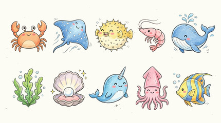 Collection of cute cartoon sea creatures and marine life illustrations. © Terra