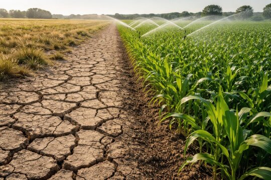 Suelo seco y agrietado junto a cultivos verdes y sanos que muestran el contraste entre la sequ&iacute;a y el riego