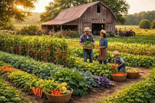 Granja org&aacute;nica de propiedad familiar con una variedad de verduras y un granero r&uacute;stico al fondo