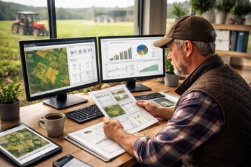Fototapeta premium Un agricultor examina los informes de rendimiento de los cultivos en una moderna oficina agrícola