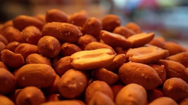 Macro close-up of a large heap of roasted and peeled peanuts, sprinkled with salt, providing a rich textured food background or high-protein, healthy snack concept.