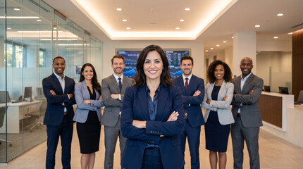 Obraz premium Diverse banking team standing in modern premium bank office with confident female financial advisor in foreground, bankers and investment consultants, professional finance workplace corporate portrait