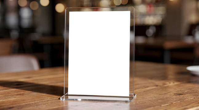 Blank white acrylic table tent menu holder on wooden table in cafe restaurant background.