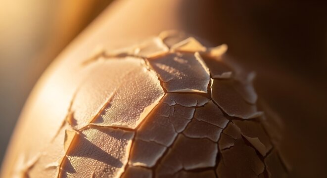 Close-up of a Cracked Eggshell with Hexagonal Patterns in Warm Light.