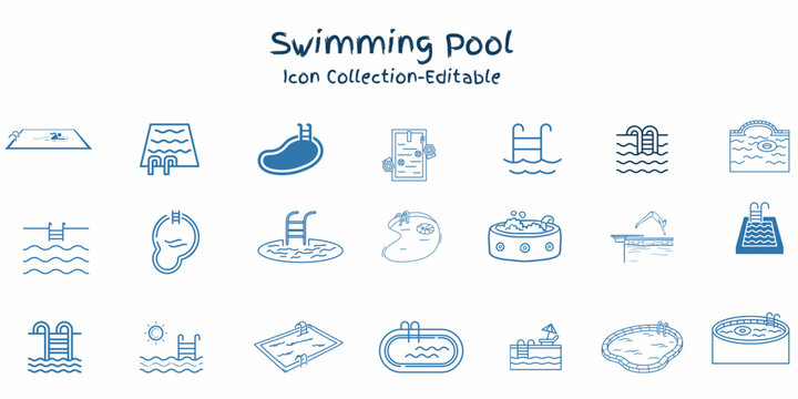 Swimming Pool Icon Collection &ndash; Vector Line Art Set of Pool Ladders, Jacuzzi Hot Tub, Diving Board, Resort Water Amenities, and Backyard Swim Graphics