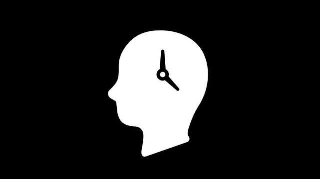 Animated human head silhouette with clock and sun and moon cycle. Circadian rhythms, daily routine and time loop concept on black