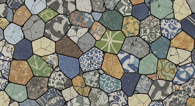 Colorful Mosaic Tile Pattern with Intricate Designs and Textures.