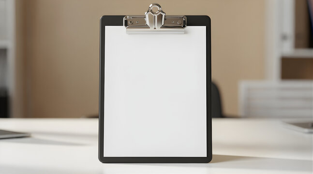 Blank white paper on a black clipboard standing upright on a desk in a bright office environment.