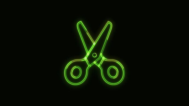 Scissors Icon Neon Seamless Loop 4K Black Background Animated Promotional Typography for Video Editing