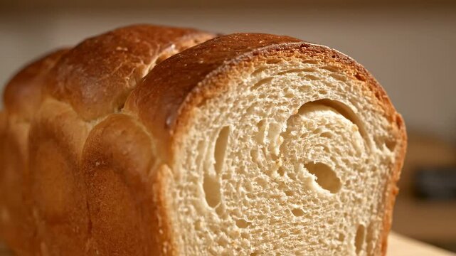 Close-up view of a freshly baked loaf of artisan bread showing golden-brown crust and soft, light-colored interior crumb texture.