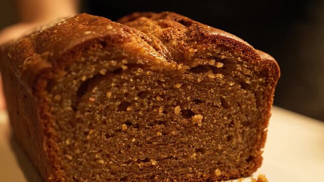Close up shot of freshly baked homemade loaf of sweet bread, like gingerbread or banana bread, with a golden brown crust and textured interior, resting on a cutting board.